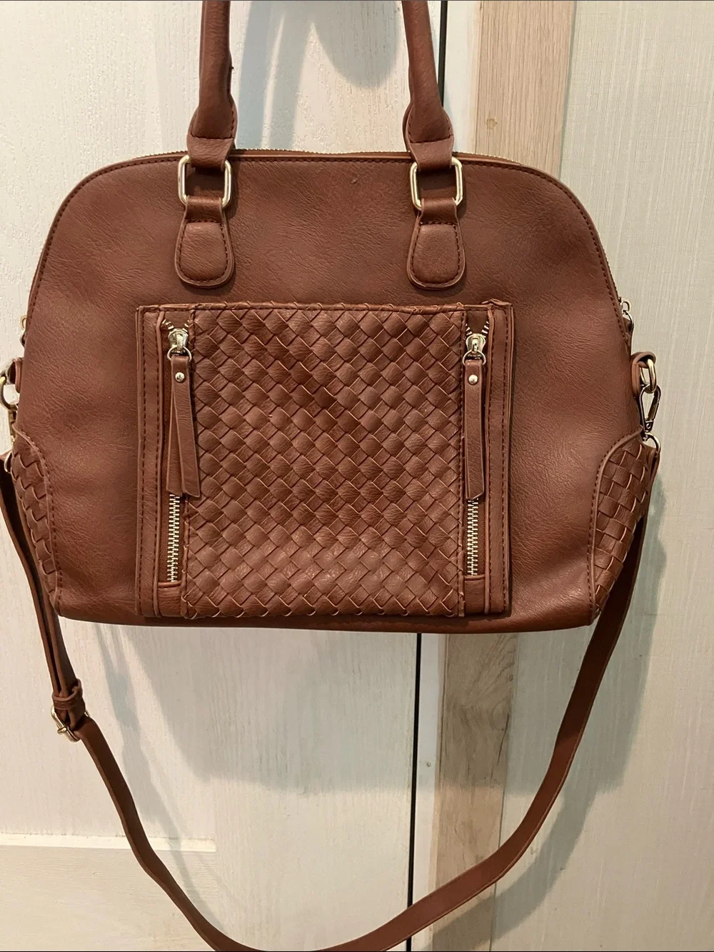 Miztique Brown Woven Front Satchel with Detachable Strap